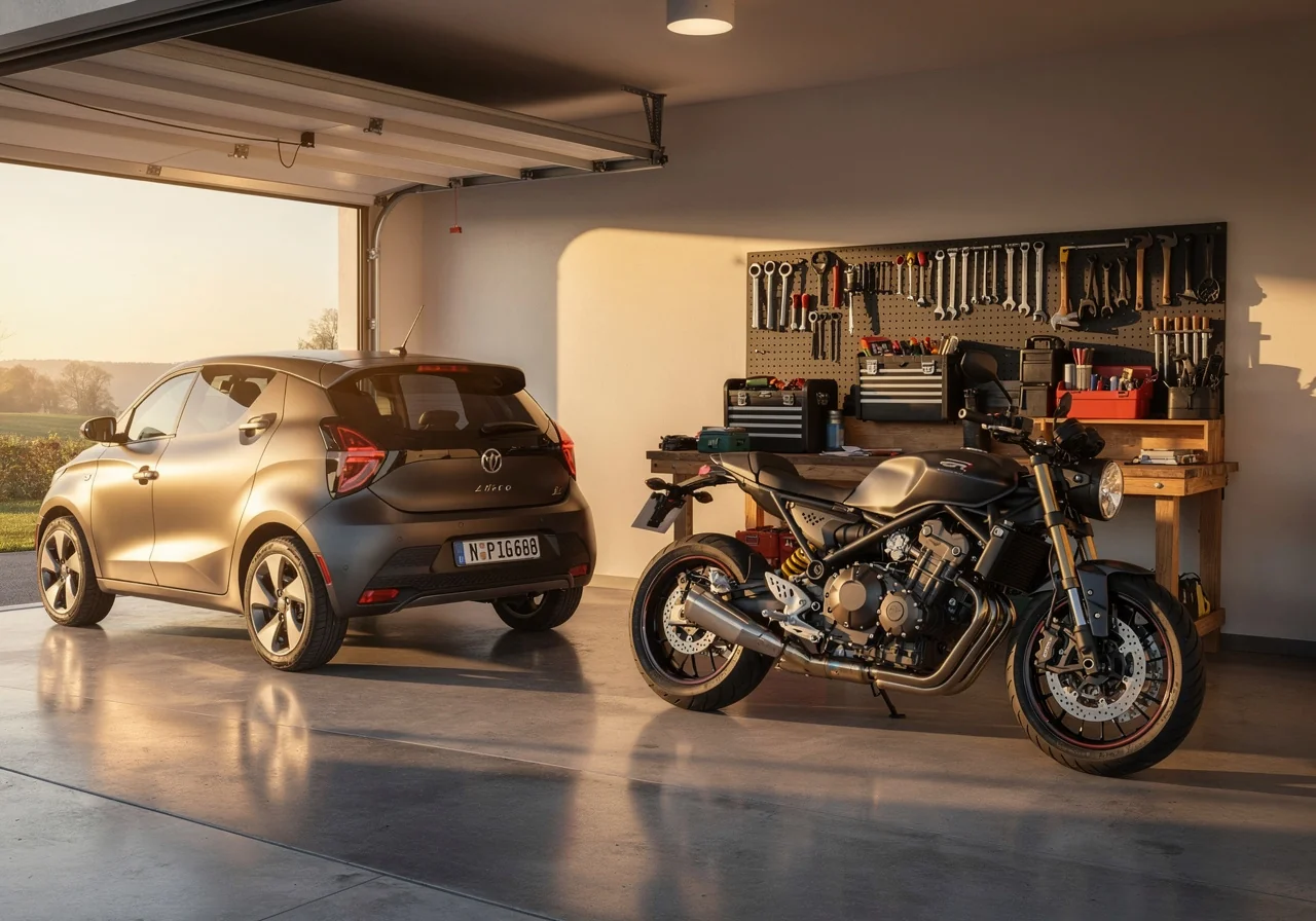 Une voiture et une moto dans un atelier d'entretien lumineux
