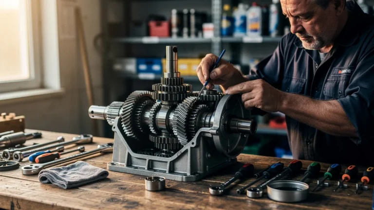 Gros plan hyper-réaliste d'une boîte de vitesses bien entretenue avec outils de mécanique sur un établi lumineux