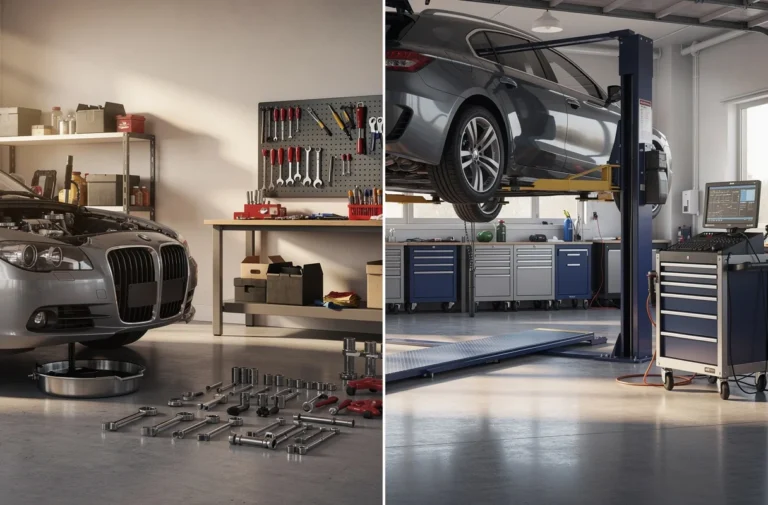 Entretien auto : d'un côté un garage à domicile avec outils, de l'autre un garage professionnel avec pont