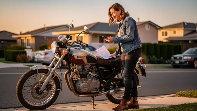 Femme inspectant une moto d'occasion en extérieur pour achat entre particuliers, ambiance authentique et détaillée