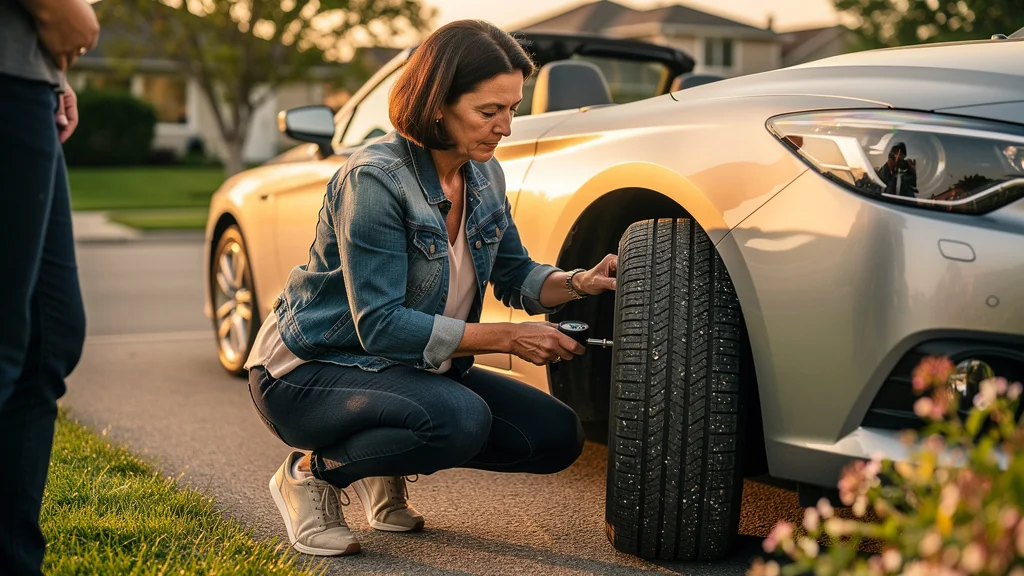 Femme de 41 ans montrant comment vérifier les pneus avant un long trajet, sécurité auto essentielle