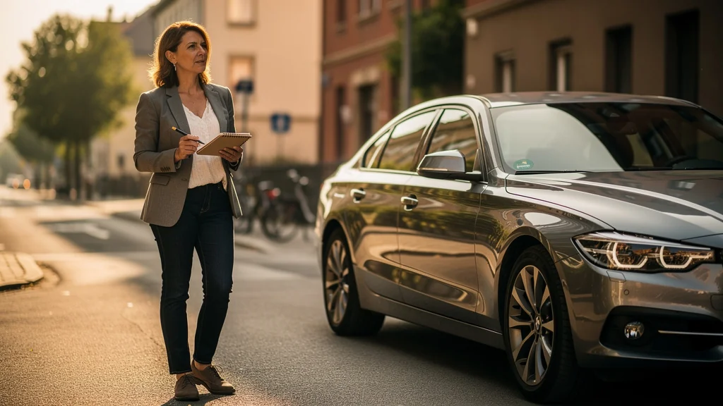 Femme réfléchissant à l’assurance auto au tiers ou tous risques pour une voiture d’occasion