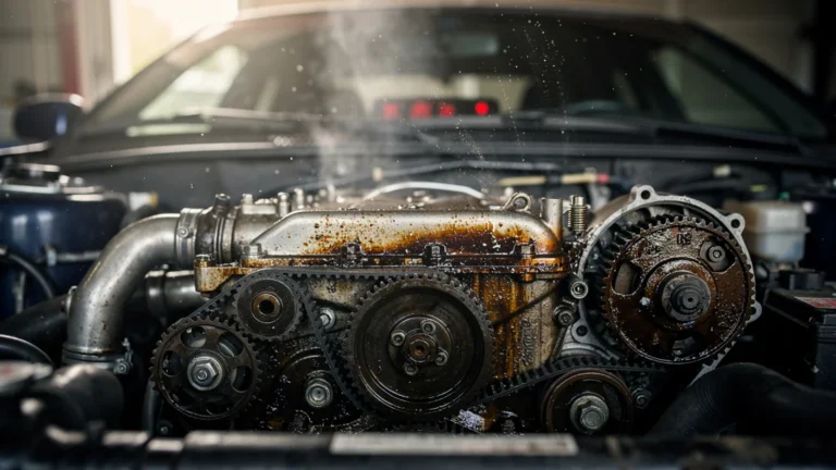 Détail hyperréaliste d’un moteur usé attendant le voyant rouge de vidange, illustrant son endurance
