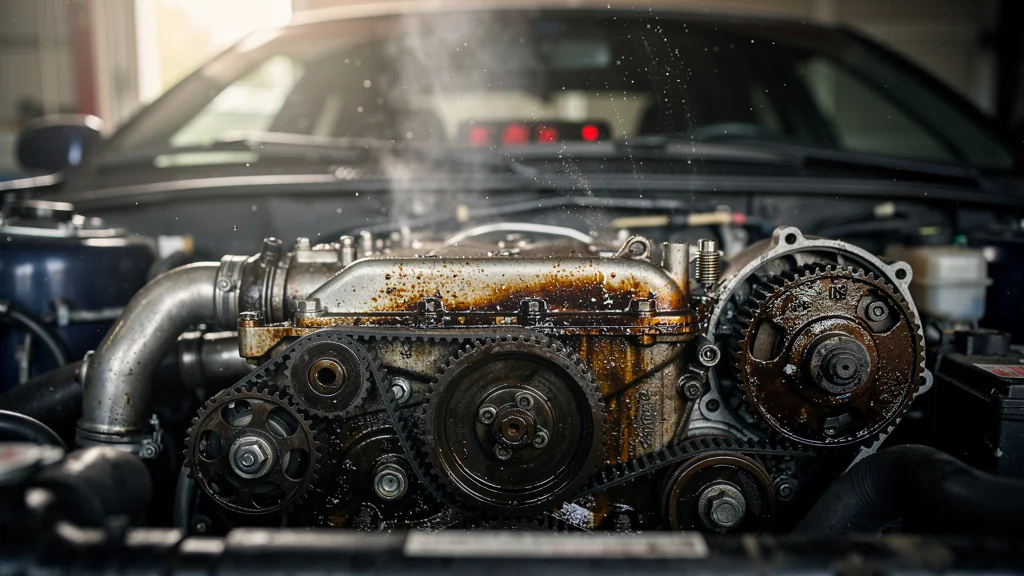 Détail hyperréaliste d’un moteur usé attendant le voyant rouge de vidange, illustrant son endurance