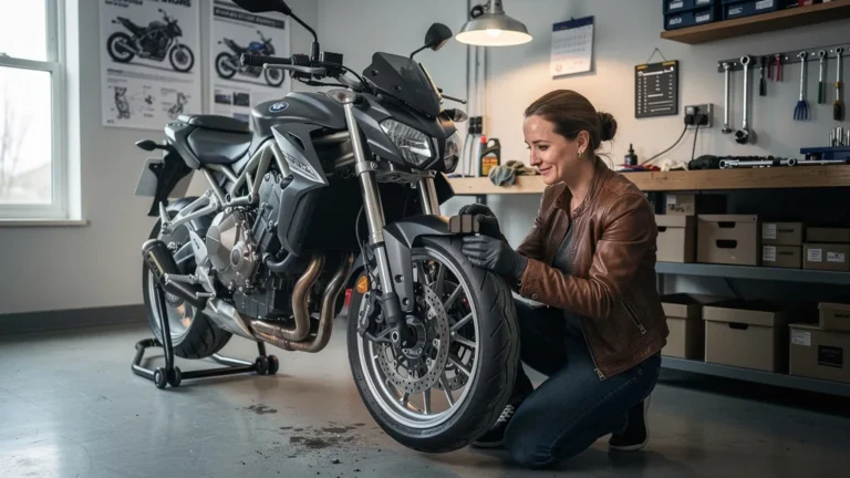 Femme de 41 ans changeant ses plaquettes de frein moto pour la première fois dans un garage moderne