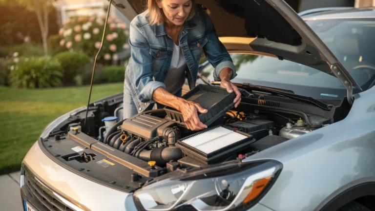 Femme changeant un filtre à air sur sa citadine dans une ambiance réaliste et lumineuse