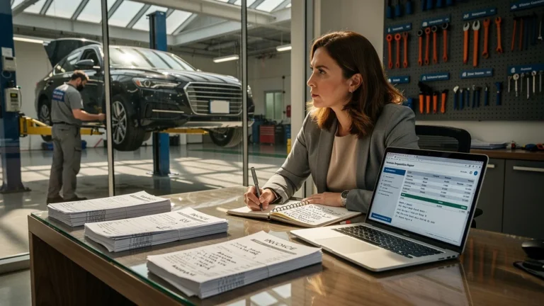Femme lisant attentivement une facture de garage, posant les bonnes questions pour comprendre les coûts
