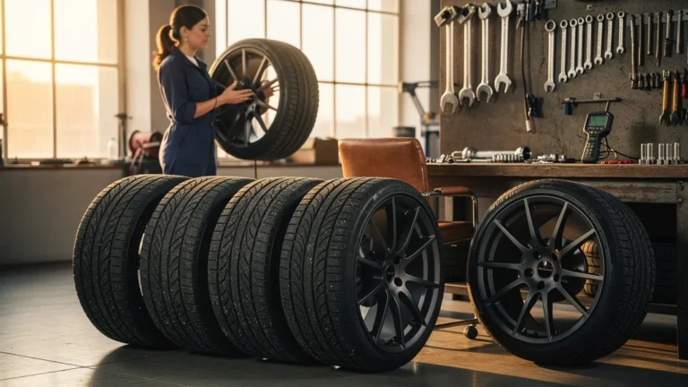 Atelier auto avec quatre pneus détaillés et mécanicienne femme réfléchissant au changement des pneus