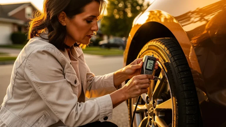 Femme utilisant un manomètre numérique pour pneus, comparant pression maison et garage, image réaliste