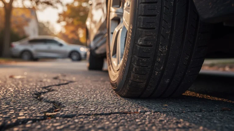 Gros plan hyperréaliste sur un pneu usé avec date visible, symbole de sécurité automobile négligée