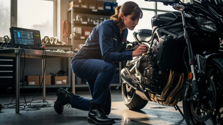 Femme inspectant une moto moderne lors du contrôle technique détaillé en garage professionnel