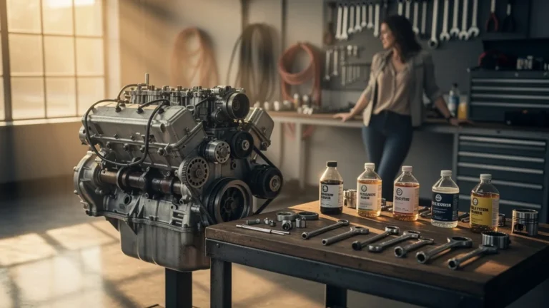 Garage moderne avec moteur ouvert et flacons d’additifs moteur dans une ambiance réaliste et cinématographique