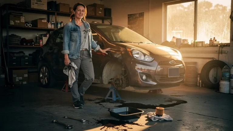 Femme fière dans son garage après sa première vidange automobile réussie avec quelques ratés