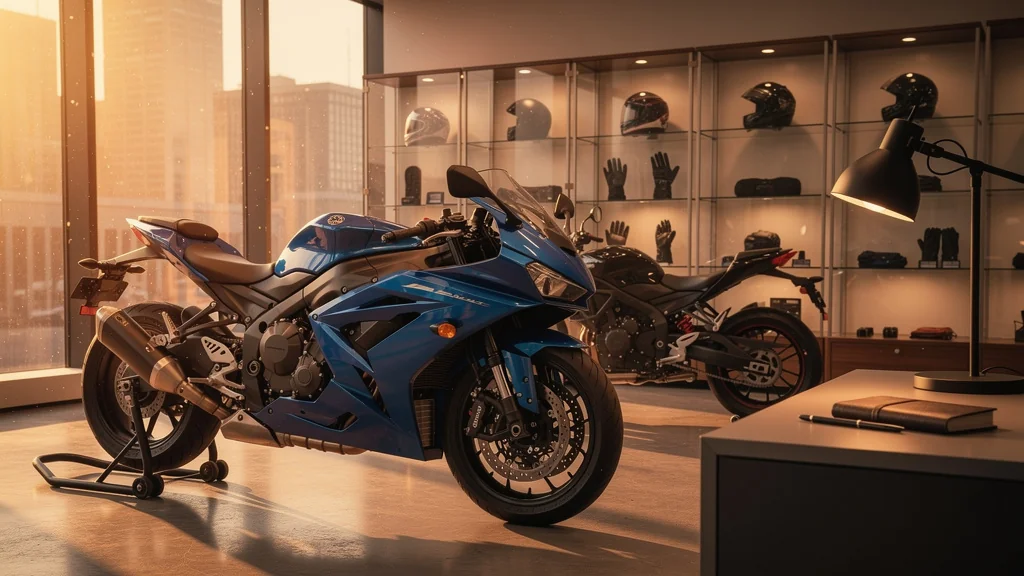 Choix entre première moto neuve ou d'occasion : showroom moderne avec motos contrastées au coucher du soleil