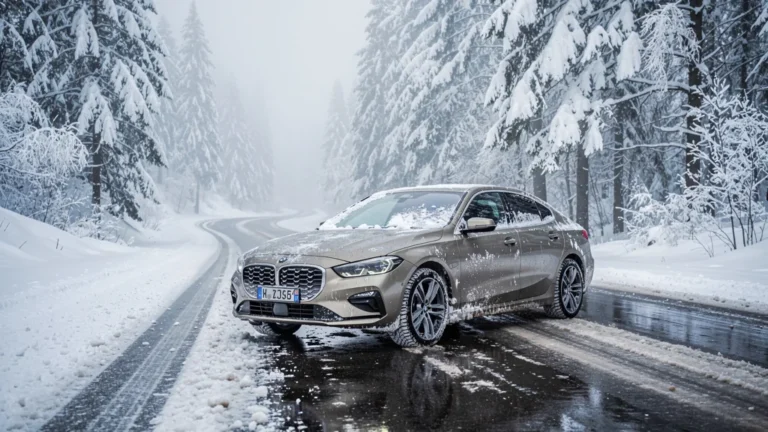 Route d'hiver avec voiture équipée de pneus toutes saisons sur route enneigée et verglacée