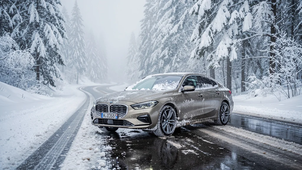 Route d'hiver avec voiture équipée de pneus toutes saisons sur route enneigée et verglacée
