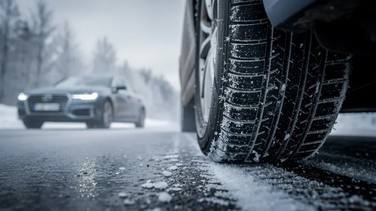 Gros plan hyper-réaliste pneu sous-gonflé en hiver montrant usure filée invisible sur route glacée