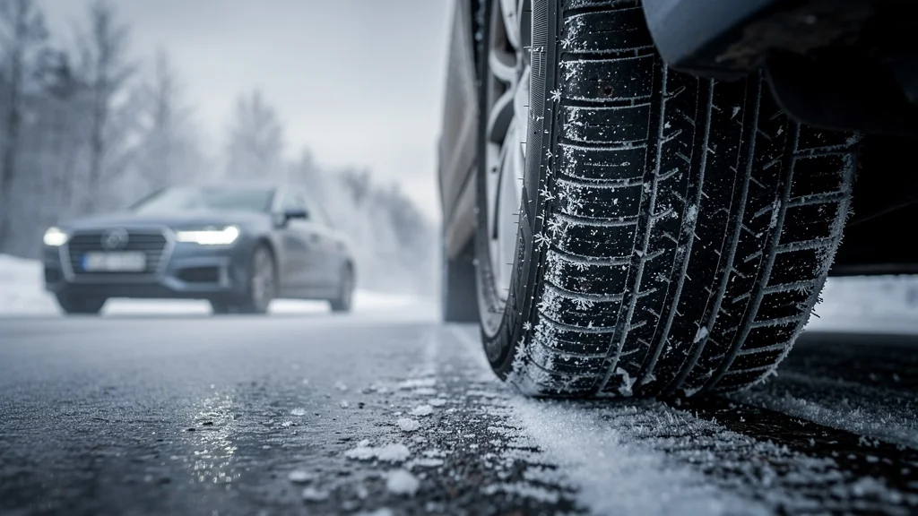 Gros plan hyper-réaliste pneu sous-gonflé en hiver montrant usure filée invisible sur route glacée