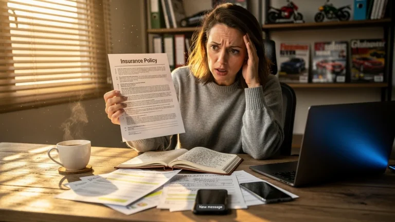Femme de 41 ans découvrant une exclusion d'assurance, mauvaise surprise en lisant son contrat