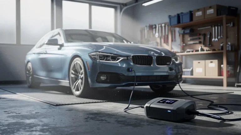 Chargeur d'entretien connecté sur voiture hivernale dormant dans un garage éclairé naturellement