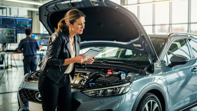 Femme journaliste auto découvrant sa voiture autrement lors d’un contrôle technique précis et moderne