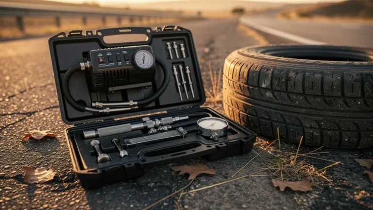 Kit de crevaison posé sur la route avec pneus et outils, prêt à l’usage en cas d’urgence routière
