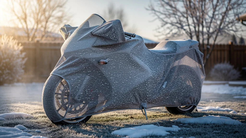 Motocycle couverte d’une housse respirante en hiver, protégée dehors sous la neige et le givre