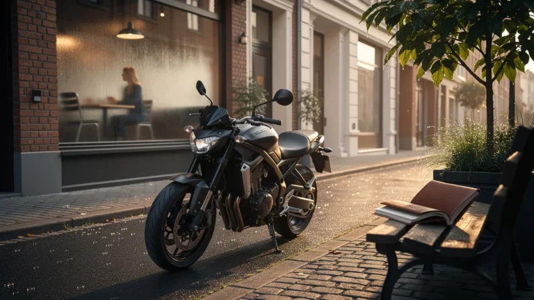Scène urbaine au lever du jour avec moto moderne symbolisant une occasion sans historique