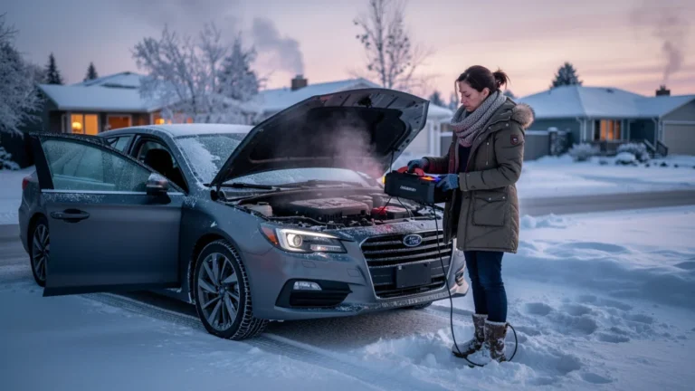 Panne de batterie un matin d'hiver avec femme de 41 ans et voiture sous la neige, leçon d'anticipation